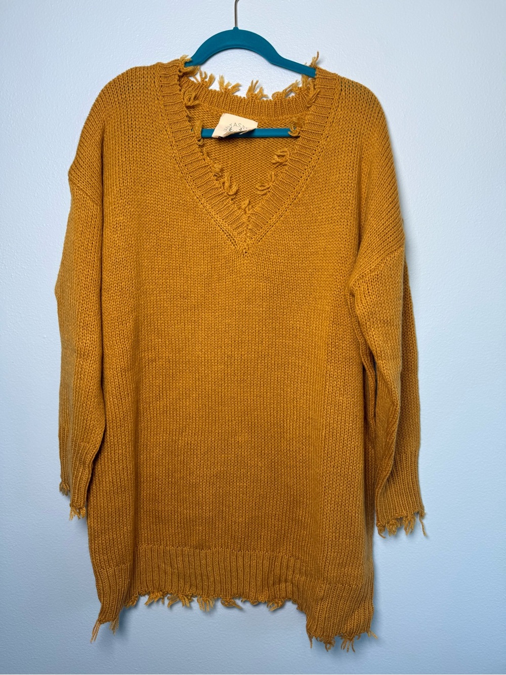 Fantastic Fawn Distressed V-Neck Sweater Tunic Dress in Mustard